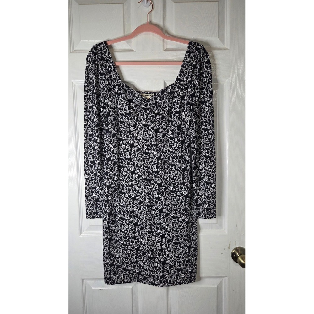 Boden Black White Scroll Floral Long Sleeve Scoop Neck Sheath Dress US 6R